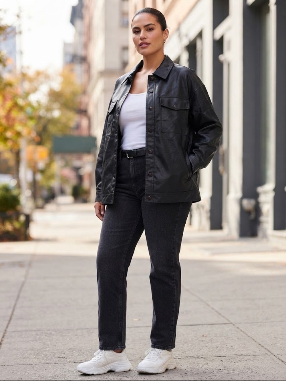 Black Faux Leather Oversized Button-Up Pocket Shirt Jacket Utility Chic Sz XL